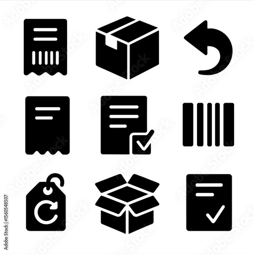 Return Shipping Icons. Solid, filled icon set of return shipping essentials: return label, sealed box, return arrow, receipt slip,