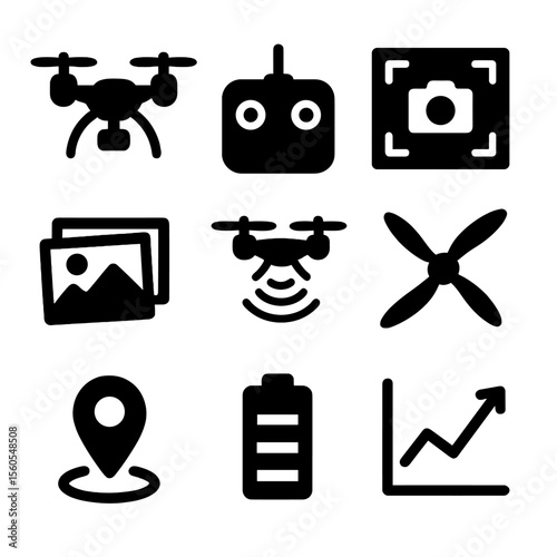 Drone Photography Icons. Solid, filled icon set of drone photography: drone quadcopter, remote control, aerial view, mountain shot
