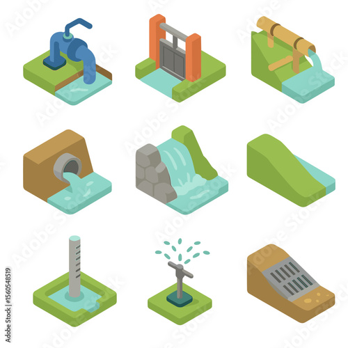 Rice Paddy Irrigation Icons. Isometric Flat icon set of rice paddy irrigation system: water pump, canal gate, bamboo sluice,