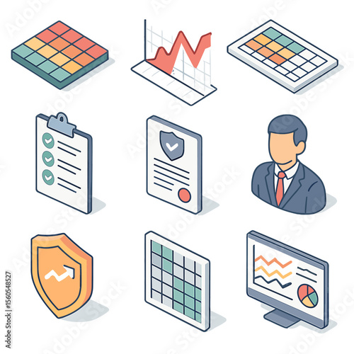 Risk Management Icons. Isometric Flat icon set of risk management in PE: risk matrix chart, stress test graph, scenario analysis