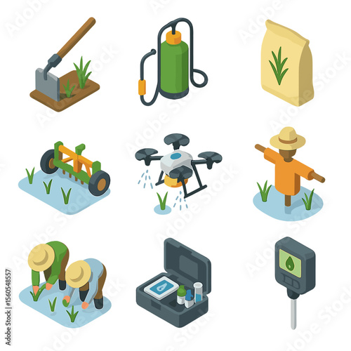 Rice Paddy Icon Set. Isometric Flat icon set of rice paddy maintenance activities: weeding hoe, pesticide sprayer, fertilizer bag,