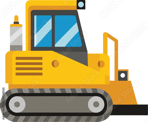 Clean white background with a detailed bulldozer illustration