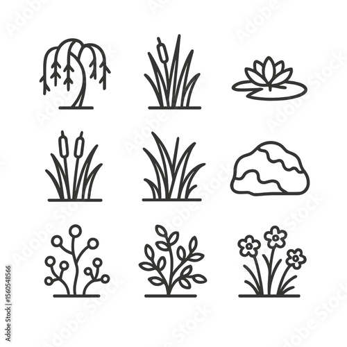 River Flora Icons. Outline icon set of River Flora: willow tree, reed bed, water lily, cattail, riverbank grass, moss-covered rock