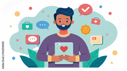A social media influencer using their platform to spread positivity and selflove challenging toxic masculinity and promoting mental health awareness.. Vector illustration