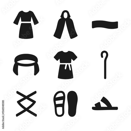 Robe and Sandals Icons. Solid, filled icon set of robe and sandals attire: flowing robe, leather sandals, belt sash, cloak,