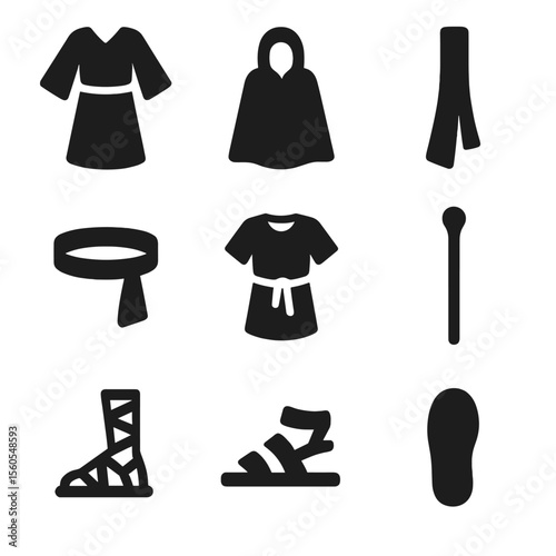 Robe and Sandals Icons. Solid, filled icon set of robe and sandals attire: flowing robe, leather sandals, belt sash, cloak,