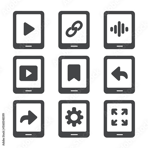 E-Book Interactive Icons. Flat icon set of interactive e-book frames: play button, hyperlink icon, audio wave, video thumbnail,