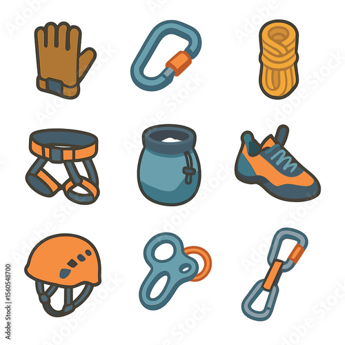 Rock Climbing Gear Icons. Isometric Flat icon set of rock climbing gloves and gear: climbing glove, carabiner, climbing rope,