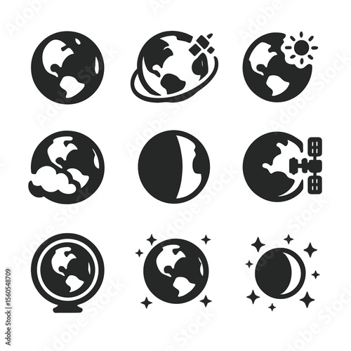 Earth Icons Set. icon set of Earth from space: globe silhouette, satellite, orbit line, sun reflection, cloud layer, terminator