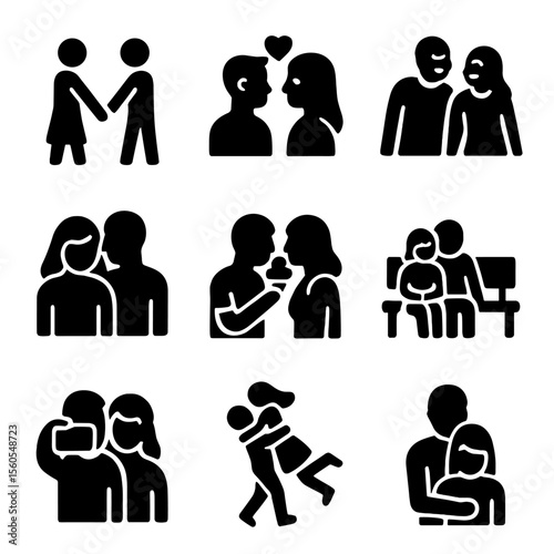 Romantic Icon Set. Solid, filled icon set of shared romantic experiences: holding hands, shared gaze, laughter moment, shoulder