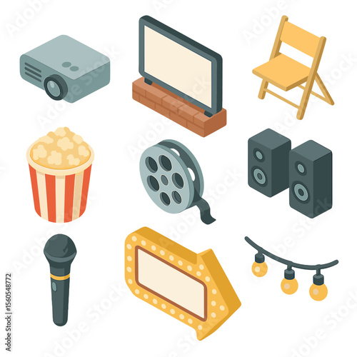 Rooftop Cinema Icons. Isometric Flat icon set of rooftop film screening: projector, screen, folding chair, popcorn bucket, film