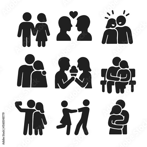 Romantic Icon Set. Solid, filled icon set of shared romantic experiences: holding hands, shared gaze, laughter moment, shoulder