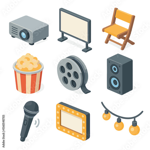 Rooftop Cinema Icons. Isometric Flat icon set of rooftop film screening: projector, screen, folding chair, popcorn bucket, film