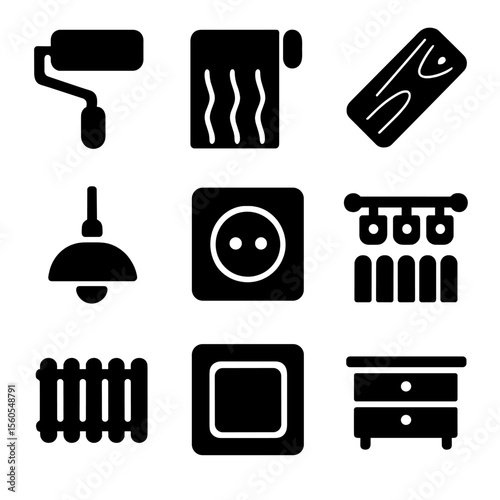 Room Renovation Icons. Solid, filled icon set of room renovation elements: paint roller, wallpaper, floor plank, light fixture,