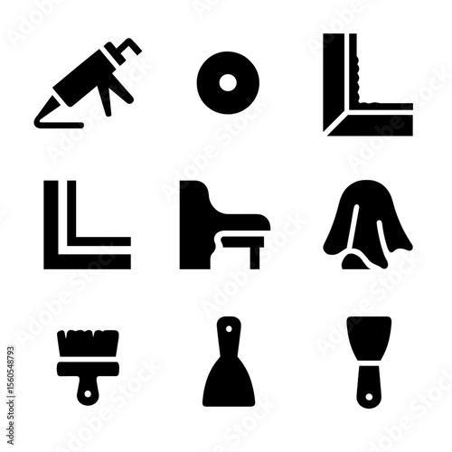Room Finishing Icons. Solid, filled icon set of room finishing and detailing: caulking line, filled nail hole, paint edge,