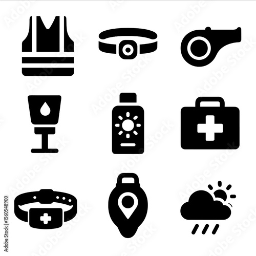 Running Safety Essentials. Solid, filled icon set of running safety: reflective jacket, headlamp, emergency whistle, water station