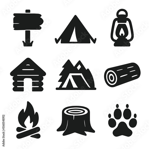 Rustic Nature Symbols. Solid, filled icon set of rustic nature symbols: wooden sign, tent line, lantern, forest hut, mountain camp