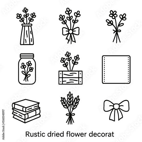 Rustic Flower Decor Icons. Outline icon set of Rustic Dried Flower Decor: barn wood vase, burlap ribbon wrap, twine wrap accent,