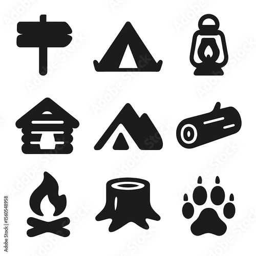 Rustic Nature Symbols. Solid, filled icon set of rustic nature symbols: wooden sign, tent line, lantern, forest hut, mountain camp