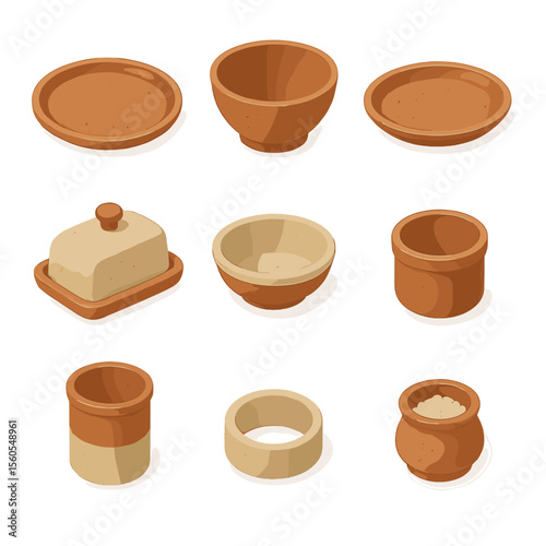 Rustic Tableware Icons. Isometric Flat icon set of rustic ceramic tableware collection: dinner plate, salad bowl, serving platter,