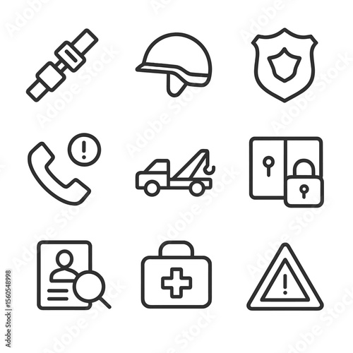 Safety Icons Set. Outline icon set of Safety and Security Measures: seatbelt, helmet, shield badge, emergency call button,