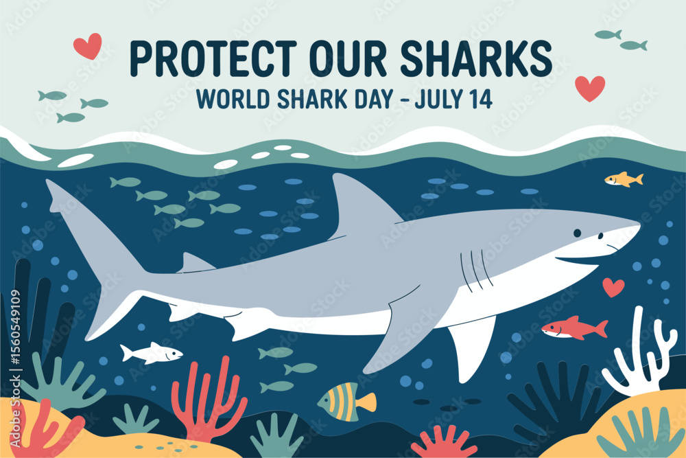 Obraz premium Colorful sea background with swimming sharks for world shark day july 14 marine life protect our sharks badge 