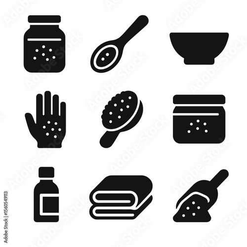 Salt Scrub Essentials Icons. Solid, filled icon set of salt scrub essentials: salt jar, wooden spoon, mixing bowl, exfoliating
