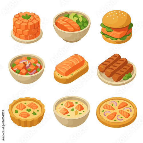 Isometric Salmon Menu Icons. Isometric Flat icon set of salmon fillet restaurant menu items: salmon tartare, salmon poke bowl,
