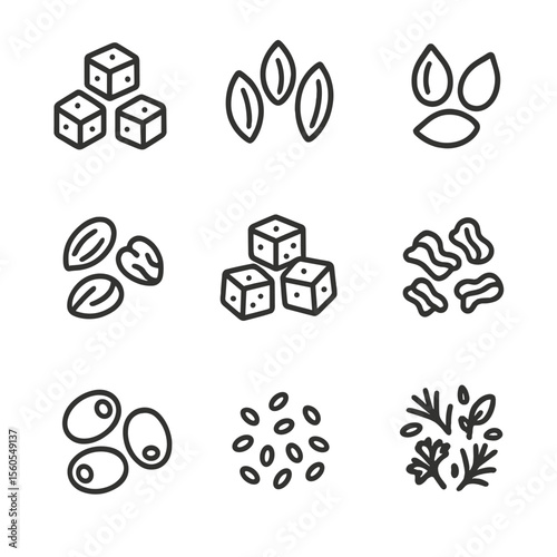 Salad Toppings Icons. Outline icon set of salad bowl toppings and garnishes: croutons, sunflower seeds, pumpkin seeds, nuts, feta