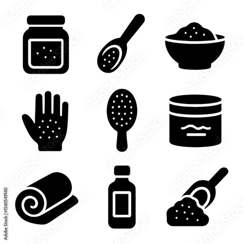 Salt Scrub Essentials Icons. Solid, filled icon set of salt scrub essentials: salt jar, wooden spoon, mixing bowl, exfoliating