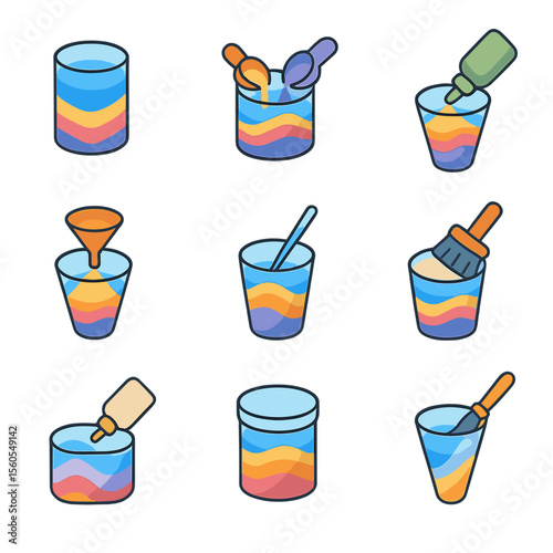 Sand Art Techniques Icons. Isometric Flat icon set of sand art techniques: layering technique, mixing technique, wet packing, dry