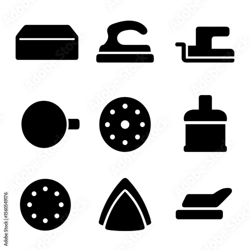 Sanding Tools Icons. Solid, filled icon set of sanding accessories: sanding block, handle grip, sanding belt clamp, dust