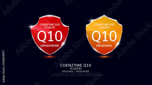 Coenzyme Q10 Ubiquinone in translucent glass shield aluminum frame shiny modern 3D isolated on dark background. For design dietary supplement products. Health care protection. Vector.