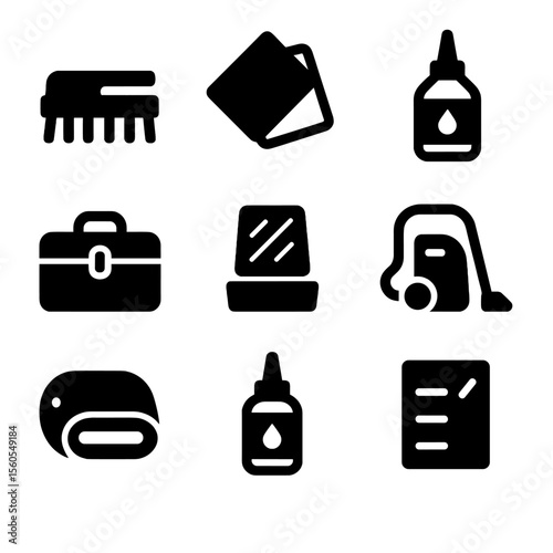 Sanding Maintenance Icons. Solid, filled icon set of sanding maintenance: cleaning brush, replacement sheets, adhesive remover,