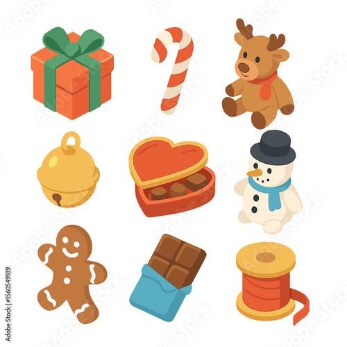 Santa's Gift Bag Icons. Isometric Flat icon set of Santa’s gift bag contents: wrapped present, candy cane, stuffed reindeer,