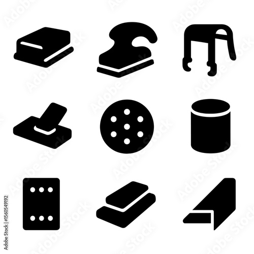 Sanding Tools Icons. Solid, filled icon set of sanding accessories: sanding block, handle grip, sanding belt clamp, dust