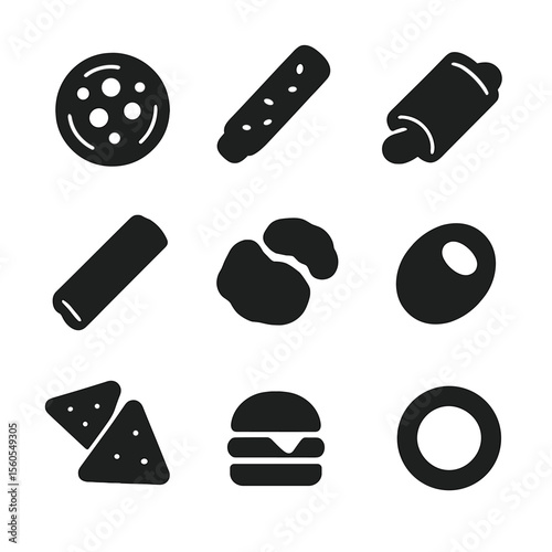 Savory Finger Foods Icons. Solid, filled icon set of savory finger foods: mini pizza, cheese stick, sausage roll, spring roll,