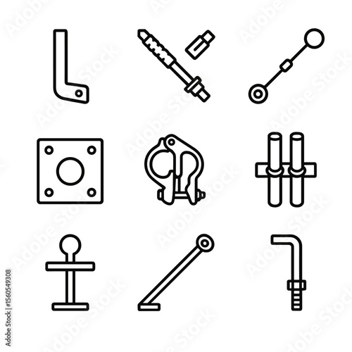Scaffold System Icons. Outline icon set of Scaffold Anchor and Tie Systems: wall tie anchor, anchor bolt, tie rod, anchor plate,
