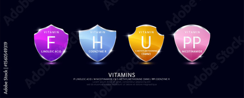 Vitamin U F PP in translucent glass shield aluminum frame shiny modern 3D isolated on dark background. For design dietary supplement products. Health care protection. Vector.