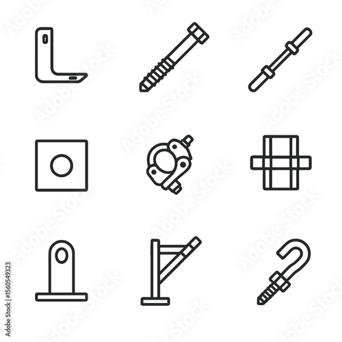 Scaffold System Icons. Outline icon set of Scaffold Anchor and Tie Systems: wall tie anchor, anchor bolt, tie rod, anchor plate,