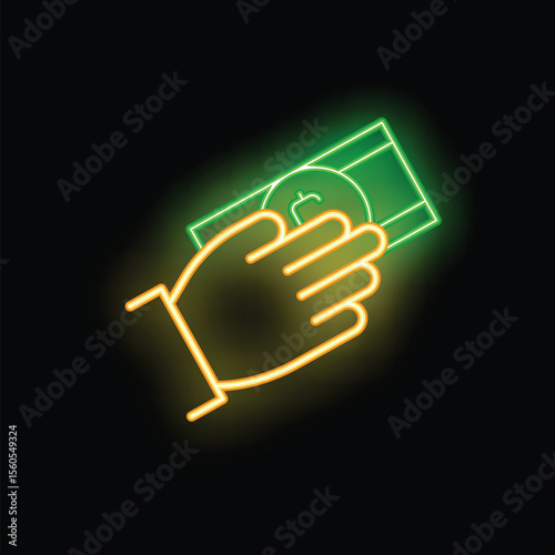 Neon style icon of a hand holding a banknote, representing finance, payment, and currency