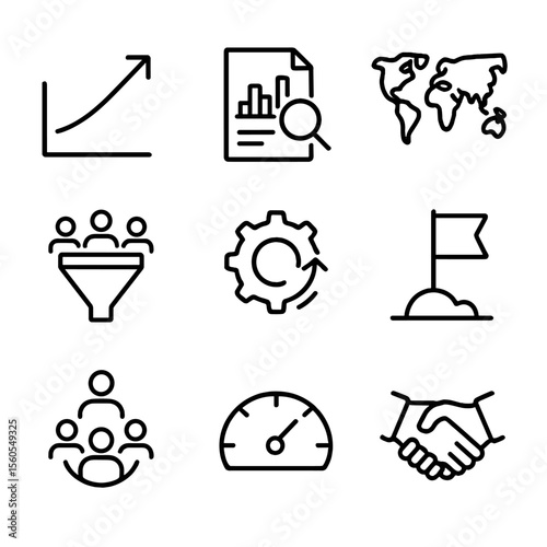 Scaling Icons Set. Outline icon set of Scaling and Growth Strategies: upward arrow graph, market research document, global