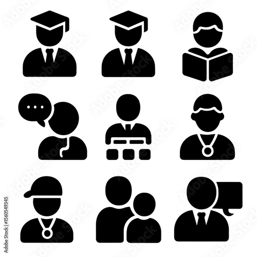 School Leadership Icons. Solid, filled icon set of school leadership roles: principal, vice principal, head teacher, counselor,
