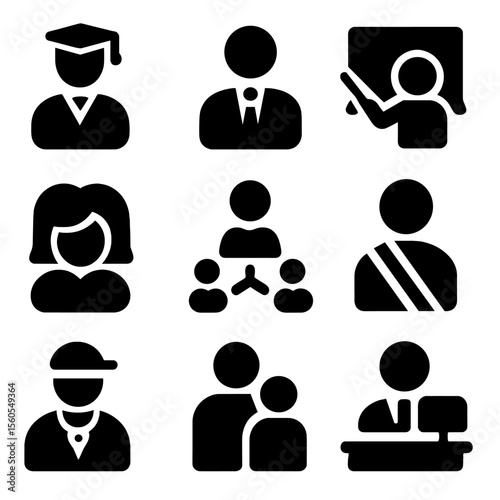 School Leadership Icons. Solid, filled icon set of school leadership roles: principal, vice principal, head teacher, counselor,