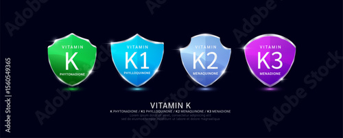Vitamin K K2 K3 in translucent glass shield aluminum frame shiny modern 3D isolated on dark background. For design dietary supplement products. Health care protection. Vector.