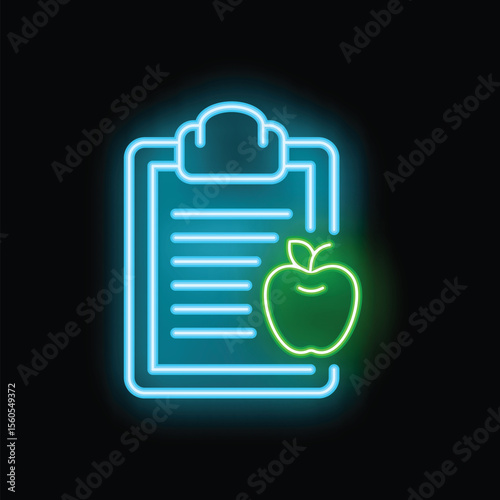 Glowing neon icon featuring a clipboard with an apple, symbolizing a healthy lifestyle and diet plan