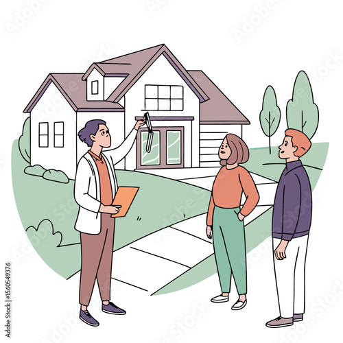 Realtor showing a house to a couple pointing out features with a pen and holding a clipboard outside the house
