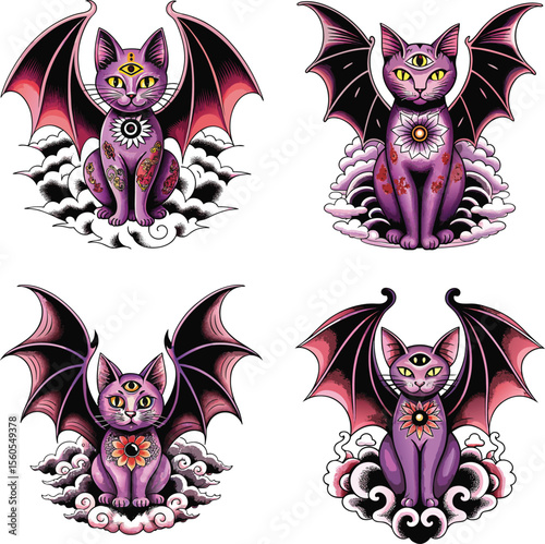 Mystical purple cat with bat wings and third eye sitting on clouds