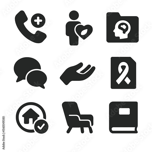 School Support Icons. Solid, filled icon set of school support services: phone helpline, wellness office, mental health file, chat