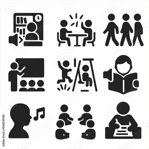 School Sound Icons. Solid, filled icon set of school sound environments: quiet library, buzzing cafeteria, busy hallway, calm